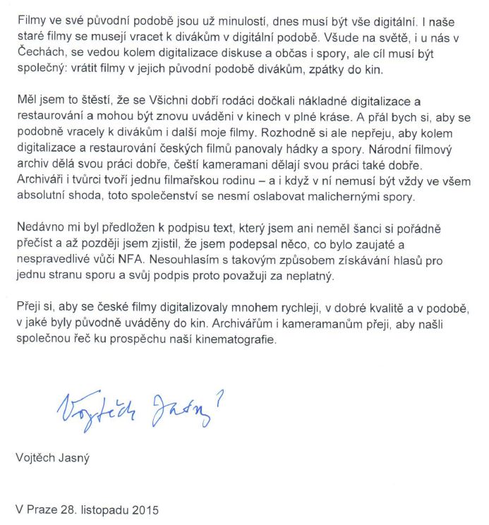 Dopis Vojtěcha Jasného