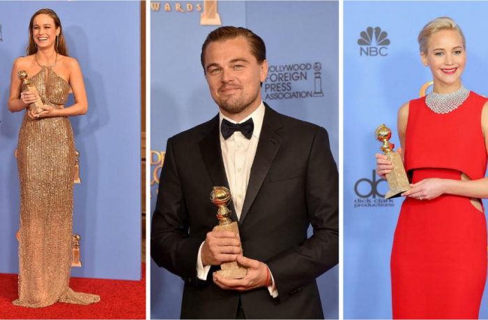 Zleva: Brie Larson, Leonardo Dicaprio a Jennifer Lawrence
