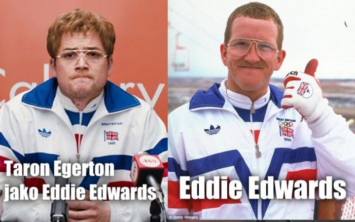 Taron Egerton jako Eddie a vpravo skutečný Eddie Edwards